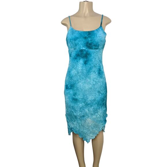 VTG Hana Fairy Slip Dress Womens Large Blue Asymmetrical Crinkle Stretch Y2K 90s - Picture 1 of 12
